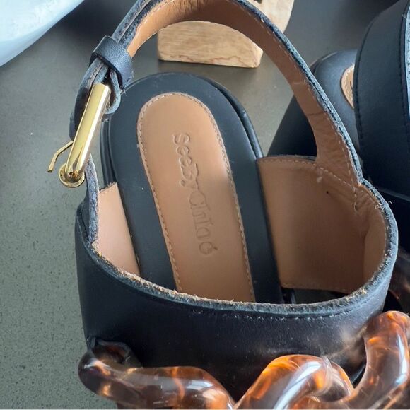 SEE By CHLOÉ Mahe Black Wedge Sandals with Chain Accents Size 38 - Picture 6 of 9